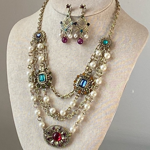 3 Strand Multi Stone Vintage Style Necklace & Matching Earrings - Picture 6 of 14